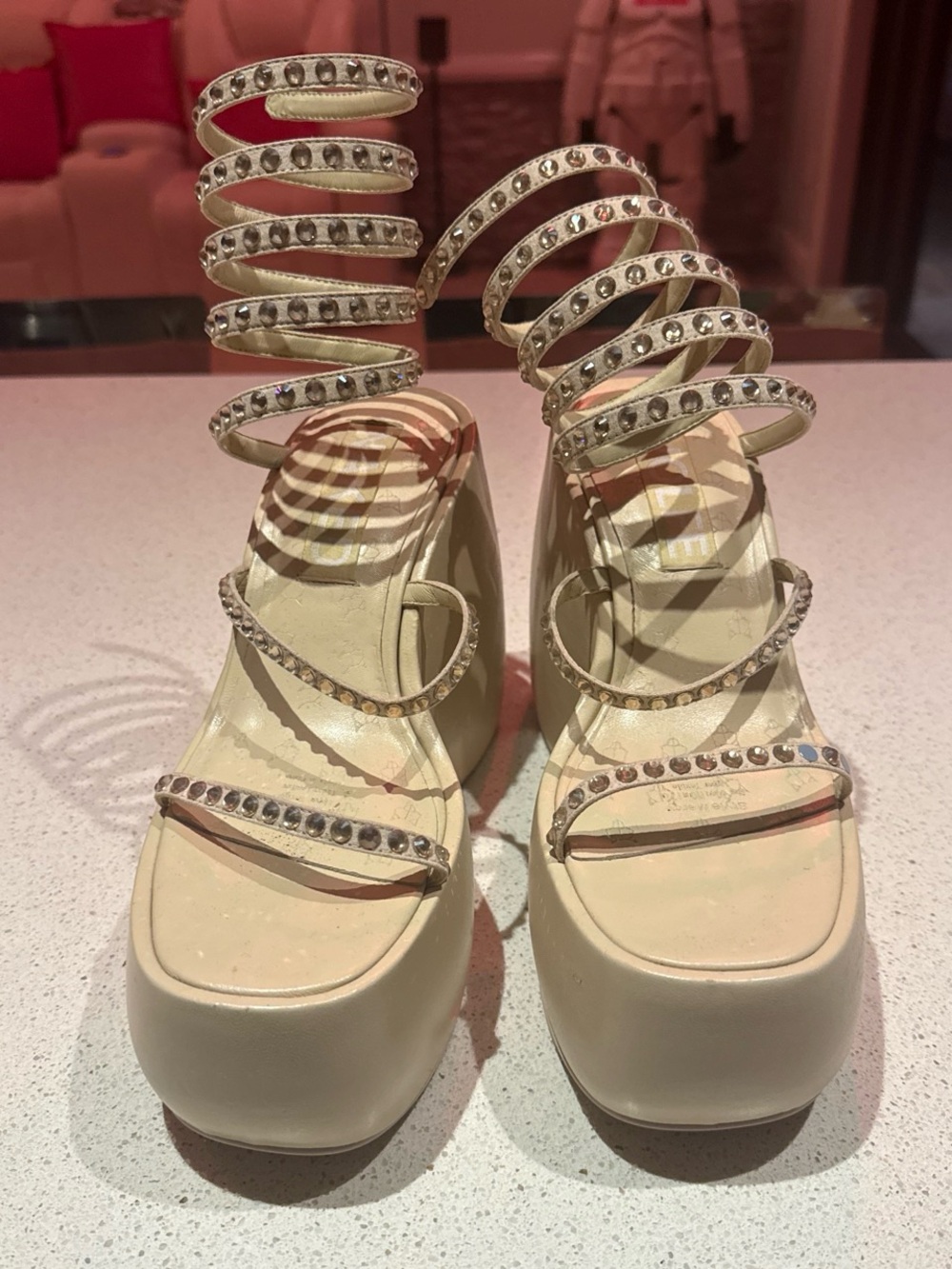 Naked Wolfe Cream Spiral-Strap Platform Sandals with Rhinestones